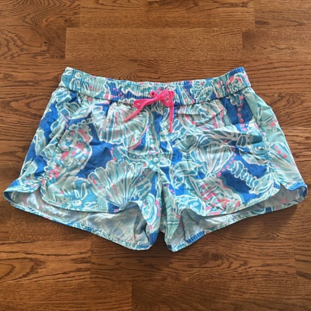 Lilly Pulitzer Board Shorts Pull On Pink Aqua Blue Surf Swim Beach XS Luxletic